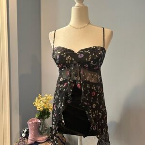 y2k vintage sheer floral ruffle top